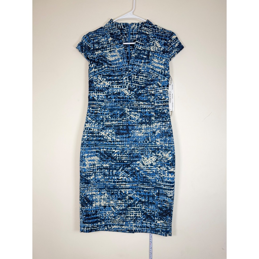 Calvin Klein Sheath Dress Women 4P New Blue Abstract Print V-Neck MSRP $134